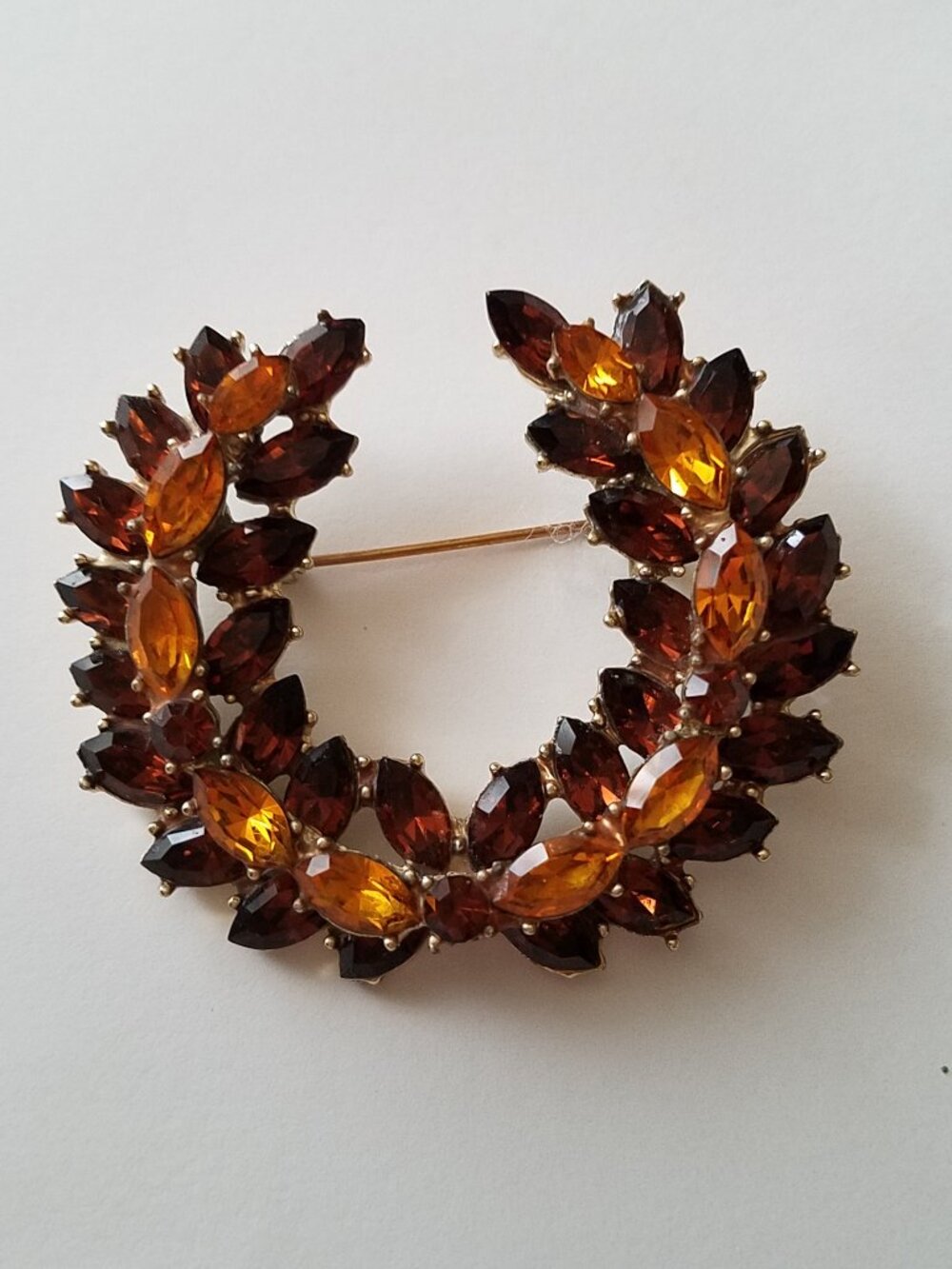 Vintage Brown Rhinestone Navettes Laurel Wreath Brooch